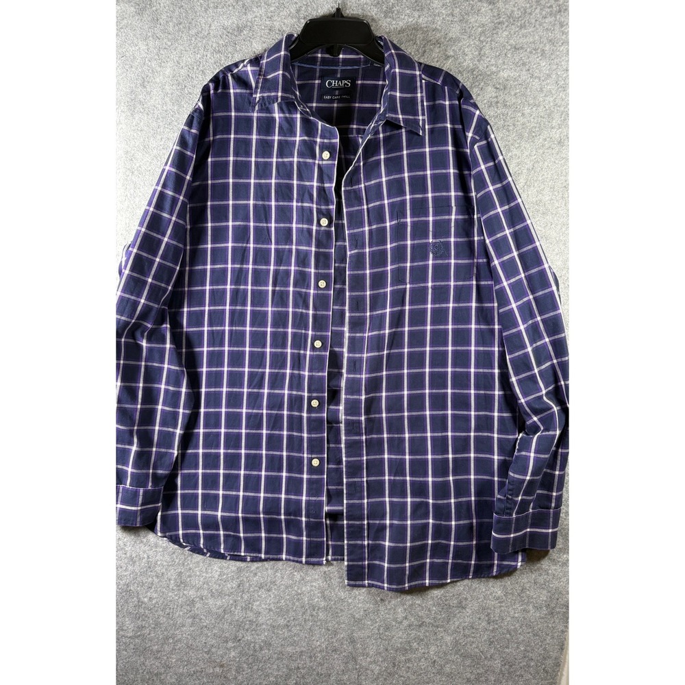 Chaps Mens XL Easy Care Twill Button Down Shirt Navy Blue Purple Plaid L/S